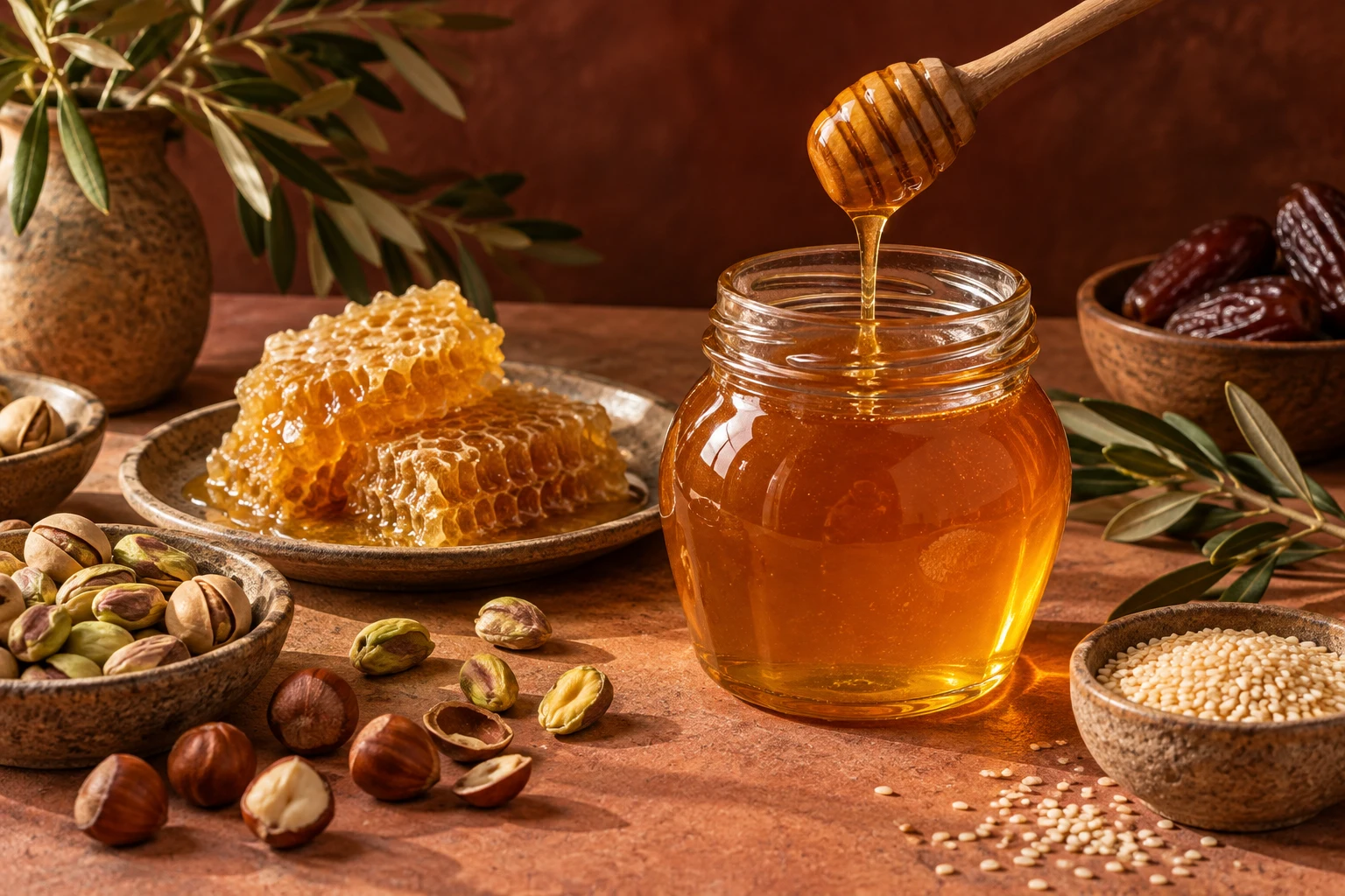 تكوين توضيحي للعسل وشمع العسل والمكسرات والتمر
